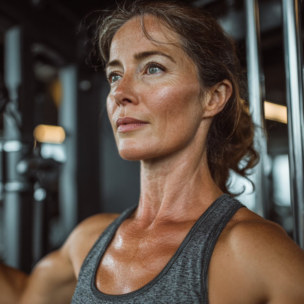 Жінка 52 років тренується за індивідуальною програмою в сучасно обладнаному фітнес-залі