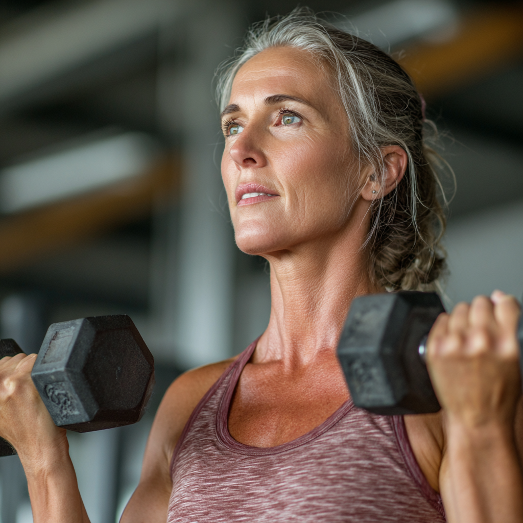 Жінка 55 років виконує силове тренування з гантелями у спортзалі, демонструючи правильну техніку