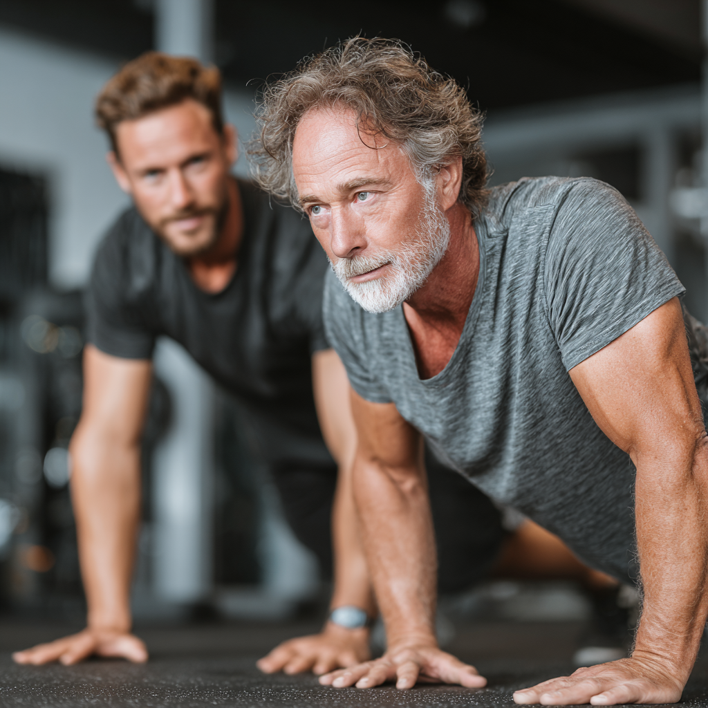 Чоловік 58 років під керівництвом персонального тренера виконує функціональні вправи
