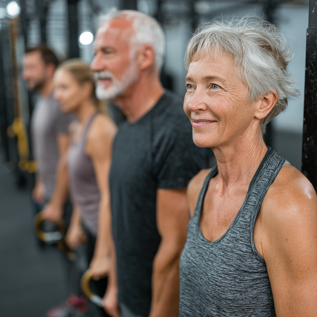 Група людей 50-60 років займаються функціональним тренуванням разом у просторому залі